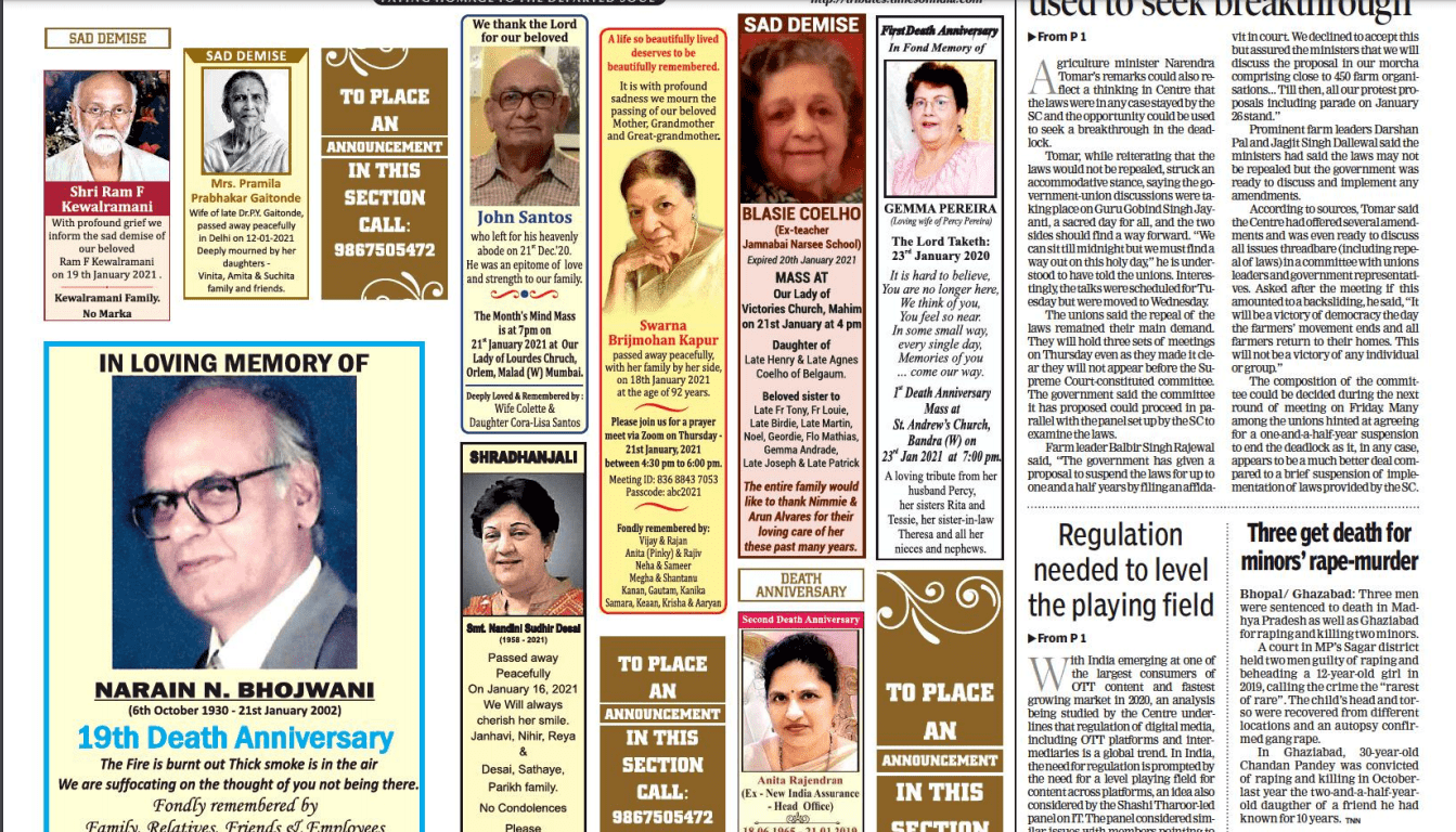 Newspaper Media Obituary Advertising in Mumbai
