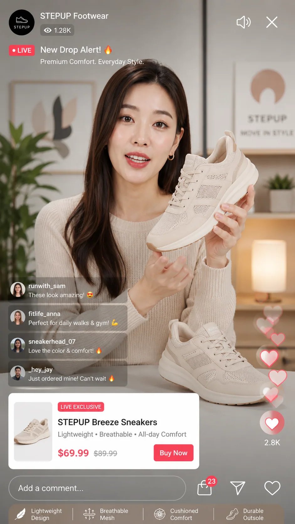 Live shopping host presenting a skincare product on a vertical video stream