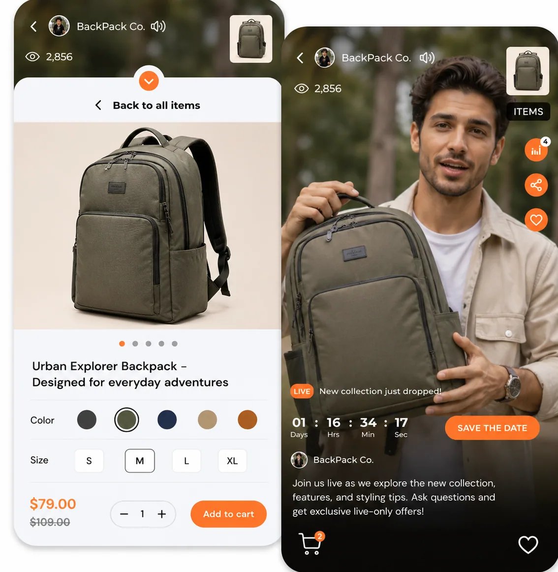 Live shopping session with shoppable product cards running on a brand website