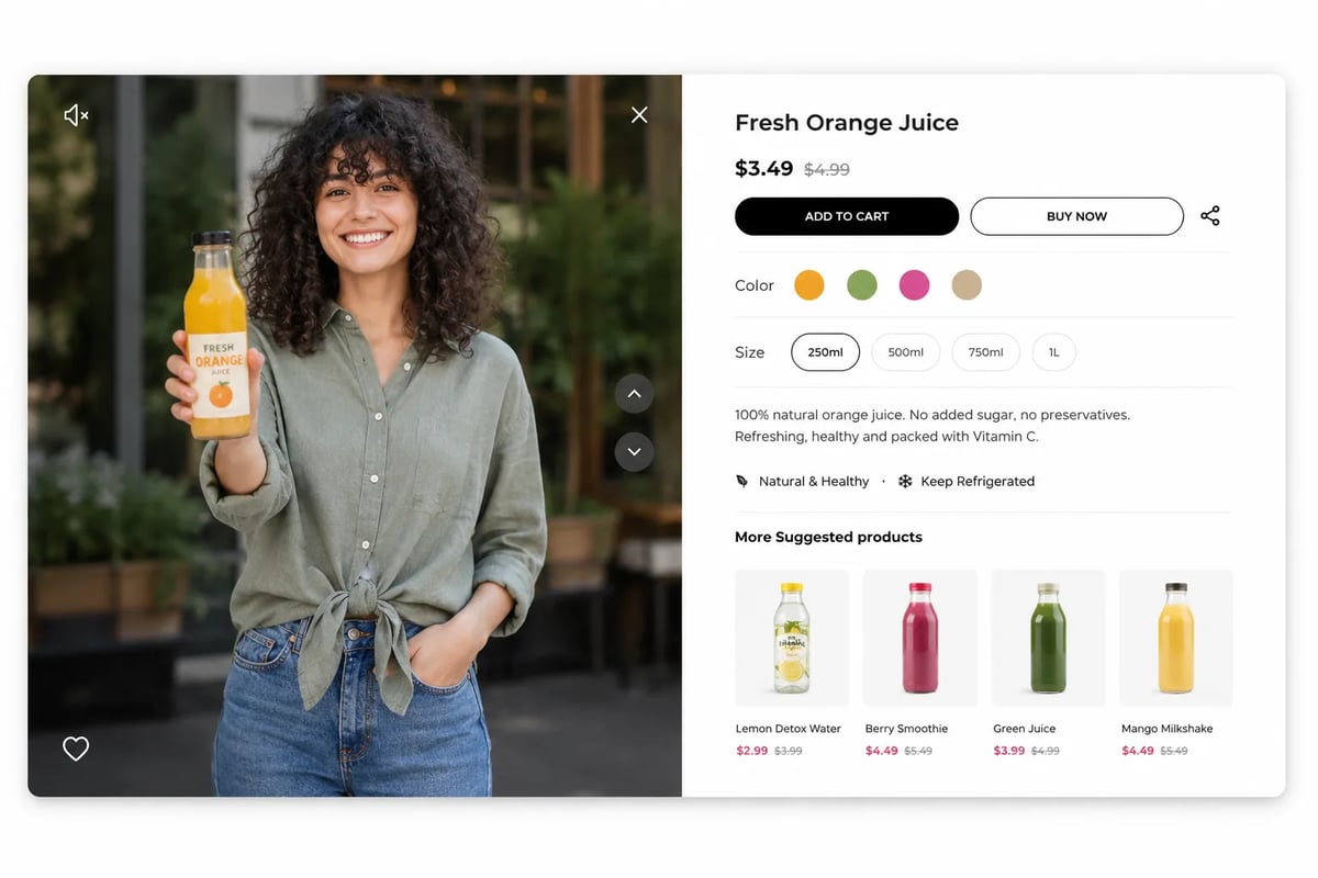 Shoppable Videos interface shown inside a SmartAds × Terrific video commerce experience